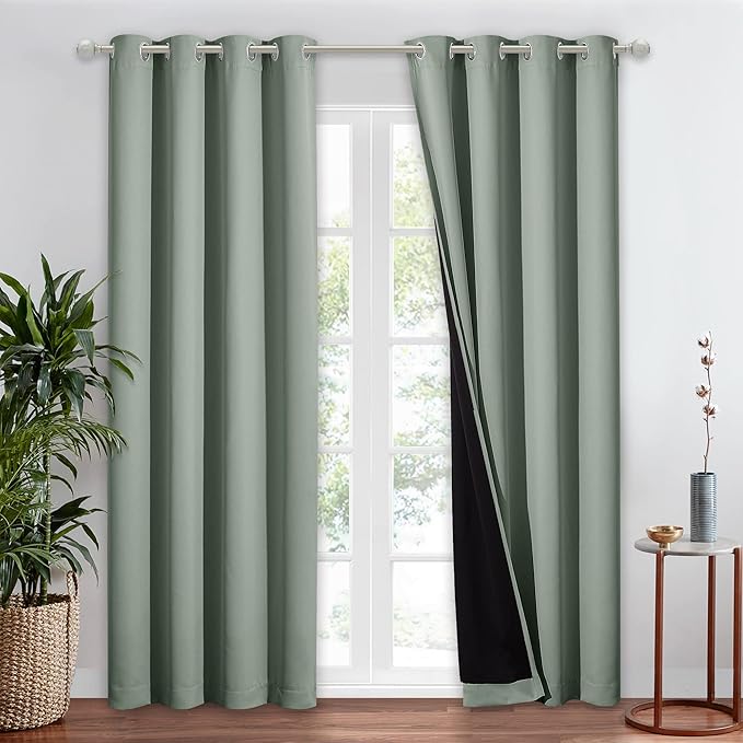 NICETOWN Greyish Green 100% Blackout Window Curtain Panel, Cold and Full Light Blocking Drape with Black Liner for Nursery, 84 inches Drop Thermal Insulated Draperies (1 PC, 52 inches Wide Each Panel) by NICETOWN