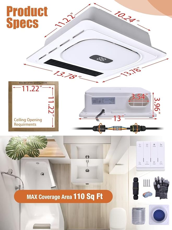 4 In1 Bathroom Exhaust Fan with Bluetooth Speaker & Heater 1800W, 180 CFM 1.0 Sone Bath room Exhaust Fan with LED Light-4 RGB Modes, Controller,Ventilation,Easy Install for Bathroom, Home - Image 7