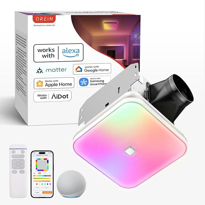 OREiN Matter Smart Bathroom Exhaust Fan with Light, Quiet 110 CFM Ventilation Fan, 1200LM Dimmable LED & Night Light, AI RGB Lighting, 2700K–6500K, No Speaker, Works with Alexa, Google & Apple Home by OREiN