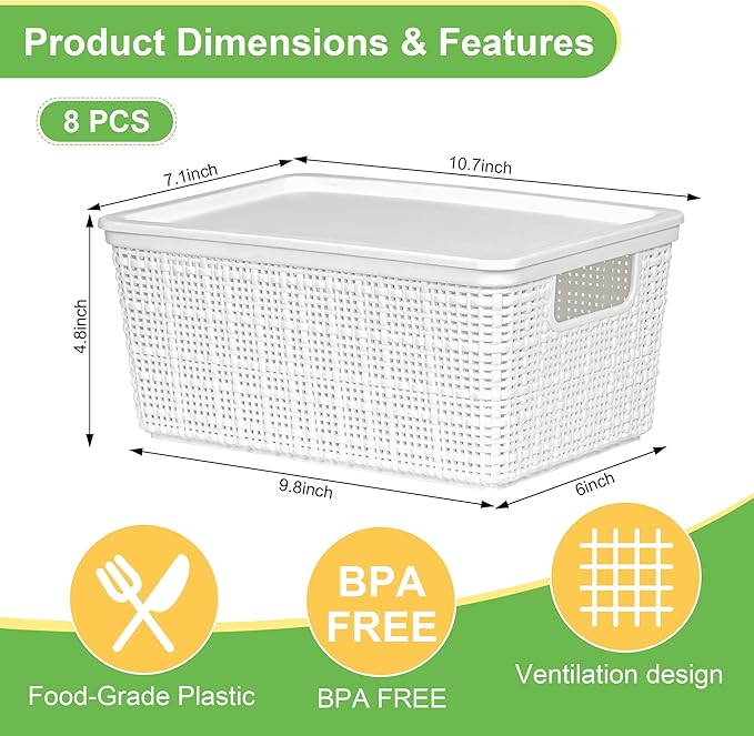 6 Pack Plastic Storage Baskets With Lids,White Breathable Stackable Storage Bins,Small Storage Containers,for Organizing Storage Baskets on Desktops,Closets,Playrooms,Classrooms,Offices - Image 3
