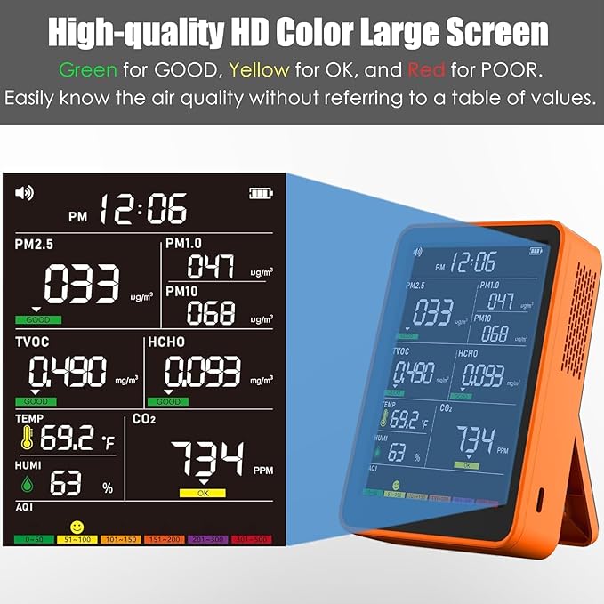 Professional Indoor Air Quality Monitor with AQI Beep Alarms, Portable Real-Time Detector for Home Cars Plants and Pets (Orange) - Image 3