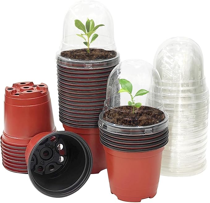 Plant Nursery Pots with Humidity Domes, 50 Sets 4 Inch Soft Nursery Pots Quality Ones (50 Red Pots + 50 Clear Lids), Quality Seeds Starting with Cover by RooTrimmer