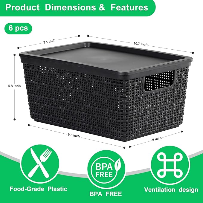 6 Pack Plastic Storage Baskets With Lids,Black Breathable Stackable Storage Bins,Small Storage Containers,for Organizing Storage Baskets on Desktops,Closets,Playrooms,Classrooms,Offices - Image 3