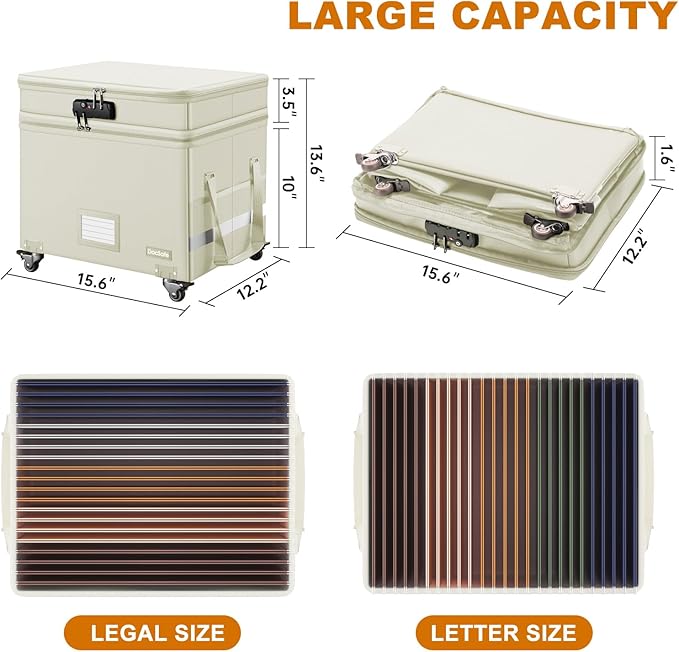DocSafe Fireproof Document Box with Lock,2-Layer File Box with Wheels,Collapsible File Storage Organizer with Pockets,Large Portable Office Filing Cabinet for Hanging Folders,Beige,16''x13.8''x12.2'' - Image 6