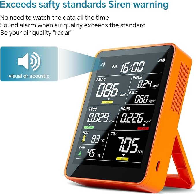Air Quality Monitor Indoor,13-in-1 Smart Air Quality Tester with PM 2.5, CO2, TVOC, HCHO, PM1, AQI, PM10, Temperature & Humidity, Real Time Display, Battery Powered, for Home & Office (Persimmon) - Image 3