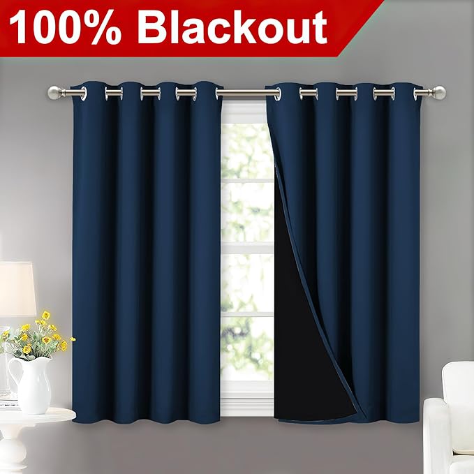 NICETOWN 100% Blackout Curtains with Black Liners, Thermal Insulated Full Blackout 2-Layer Lined Curtains, Energy Efficiency Window Draperies for Dining Room (Moroccan Blue, 2 Panels, 52" W by 45" L) - Image 2