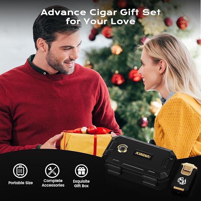 Travel Cigar Humidor Box set with Cigar Ashtray, Cigar Torch Lighter, Built-in V Cutter & Punch & Holder & Draw Enhancer Tool, Humidifier & Hygrometer, Portable Travel Cigar Case, Cigar Gifts for Men - Image 7