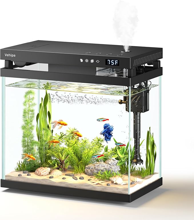 Fish Tank, 2.2 Gallon Glass Aquarium, Small Fish Aquarium Kits with Smart Humidifier, Auto Feeder, Silent Water Pump, Temperature Display & 7-Color Lighting, for Office & Home - Black - Image 8