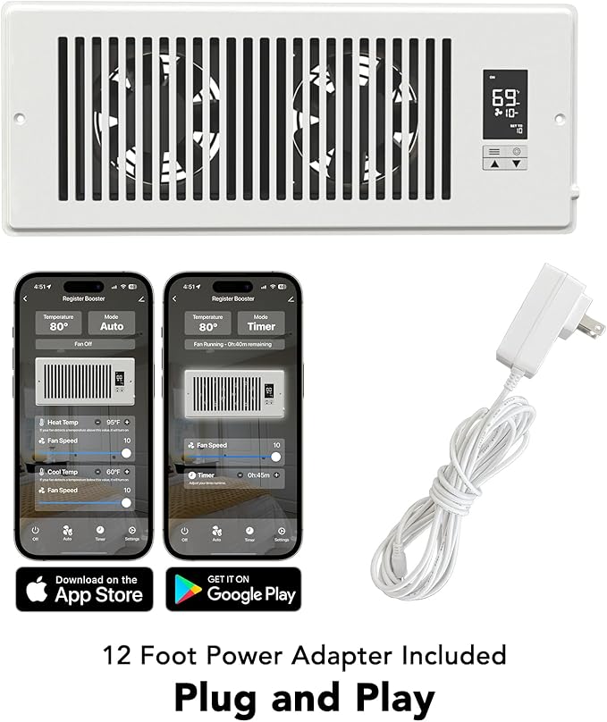 Quietcool Register Booster Fan for 6" x 12" Registers - Smart App Control - Quiet Vent Fan with Auto Thermostat - 10 Speeds - Image 2