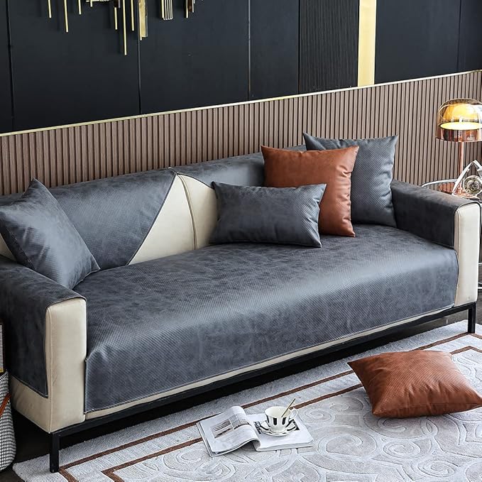 Faux Leather Waterproof Couch Sofa Cover Vintage PU Sectional Couch Cover Non Slip Sofa Slipcover Furniture Protector for Kids Dogs Cats (Gray,43"x94") - Image 3