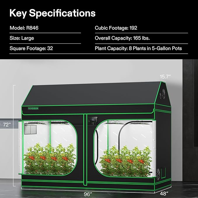 VIVOSUN R846 4x8 Grow Tent, 96"x48"x72" Roof Cube Tent with Observation Window and Floor Tray for Hydroponics Indoor Plant for VS4000/VSF4300 - Image 9