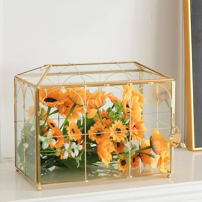 Glass Card Box with Slot, 10.2 inch Large Gold Clear Card Box for Wedding Receptions, Decorative Storage Box with Lock for Baby Shower, Birthday Party, Bridal Shower - Image 2