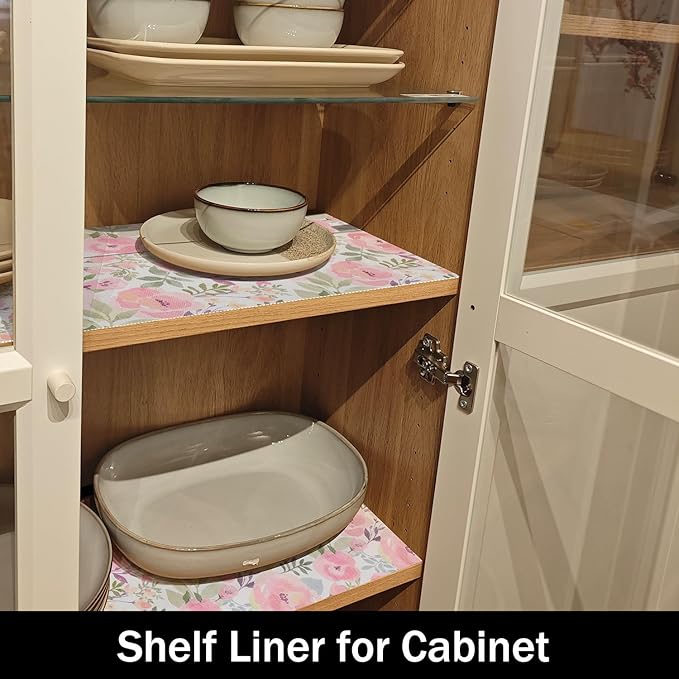 Peach Peony Shelf and Drawer Liner for Kitchen,Non-Adhesive and Strong Non-Slip Floral Cabinet Drawer Liners for Kitchen Shelf, Waterproof Cupboard Liners,Easy to Clean,12IN x 10FT - Image 7