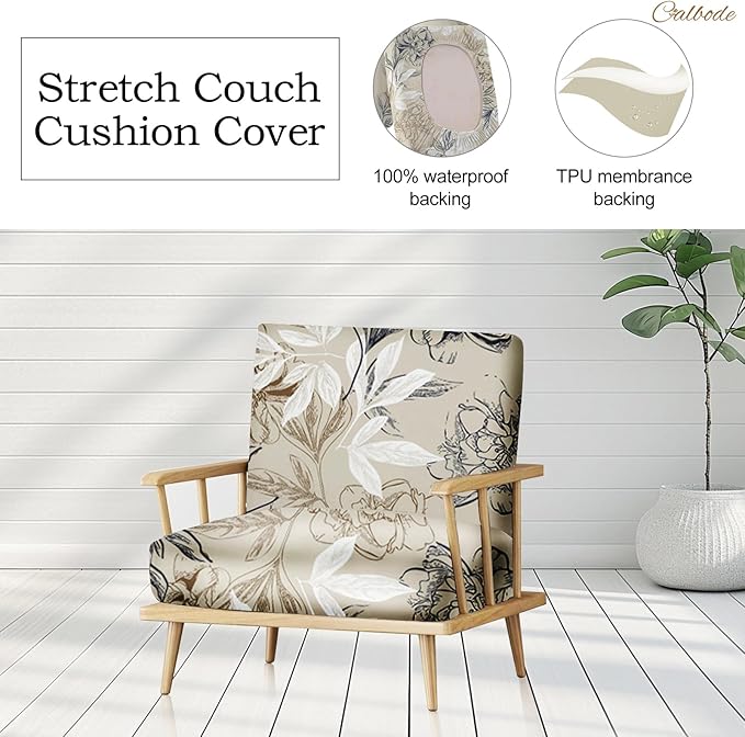 8Pcs Outdoor Stretch Cushion Covers,Waterproof Outdoor Chair Floral Cushion Covers for Patio Furniture, Washable Beige Couch Covers Replacement for Patio Furniture - Image 4