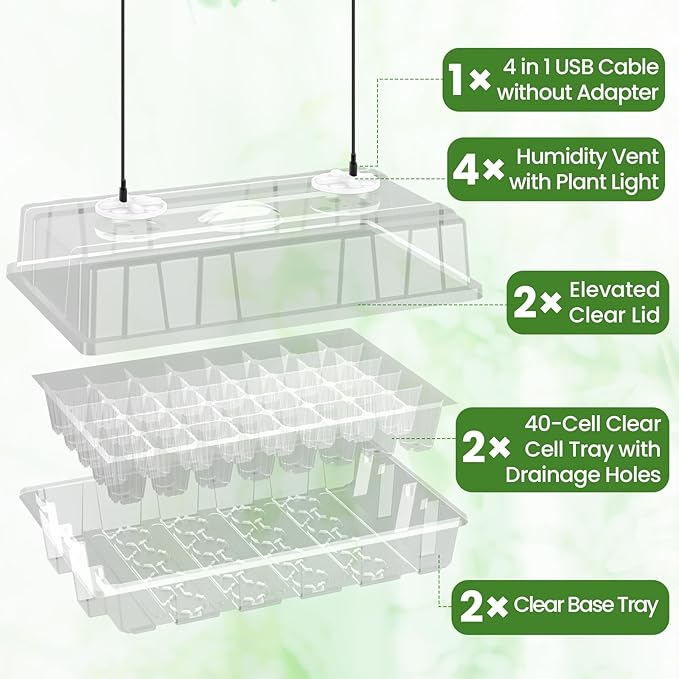 Bonviee 2-Pack Seed Starter Tray with Plant Light, Elevated Seedling Starter Trays Kits with Adjustable Humidity Domes and Clear Cell Tray, 12 Full Spectrum Led Lamp Beads for Plants Indoor-Clear - Image 2