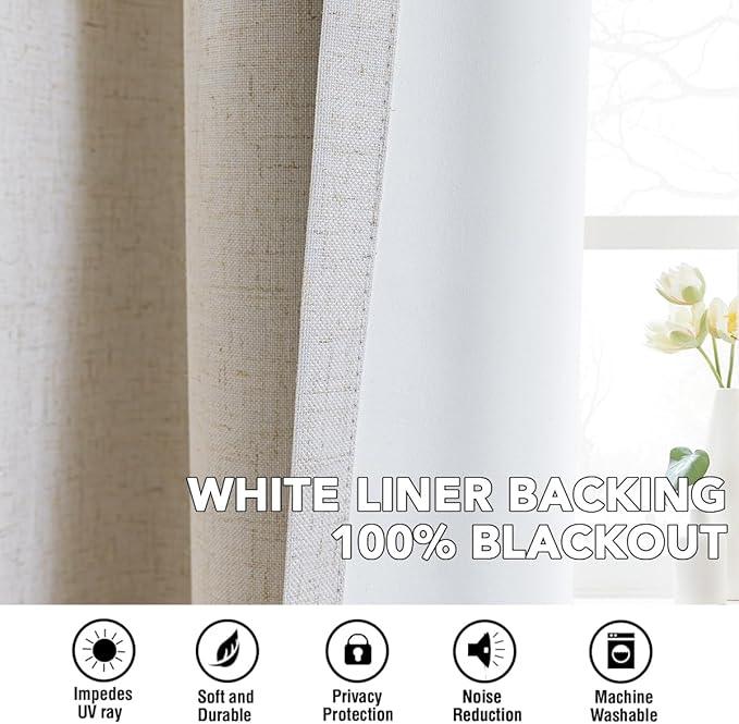 H.VERSAILTEX Linen Curtains 100% Blackout Curtains for Bedroom 102 inch Long Full Light Blocking Nature Linen Blended Window Curtains for Living Room Nickel Grommet (2 Panels, Heathered Natural) - Image 6