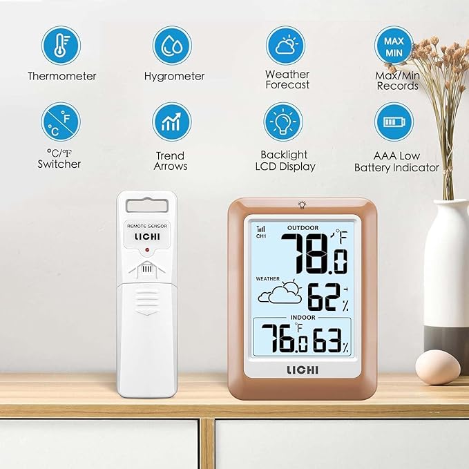 Indoor Outdoor Thermometer Wireless Weather Station, Internal External Thermometer Hygrometer, Home Batteryoperated Temperature Humiditymonitors330 Feet (About 100 Meters) Backlight Display (Khaki) - Image 2