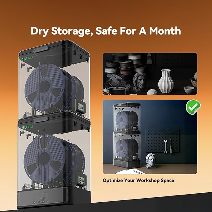 SUNLU Official Filament Box Dryer SP2,Accommodate 0.25-3KG,Compatible with filaments of 1.75/2.85mm diameter,Rapid heating,70℃ Max Temperature,Chamber and base Freely stackable separated design,Black. - Image 7