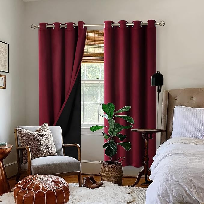 BGment Thermal Insulated 100% Blackout Curtains for Bedroom with Black Liner, Double Layer Full Room Darkening Noise Reducing Grommet Curtain (52 x 84 Inch, Burgundy Red, 2 Panels) - Image 2