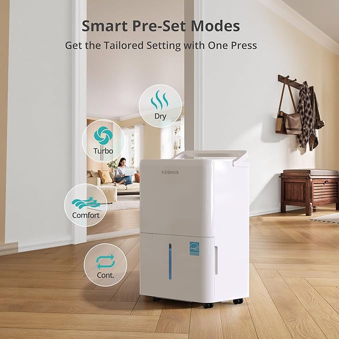 Kesnos 2,500 Sq. Ft. Energy Star 2025 Dehumidifier for Home & Basement, Ideal for Bedroom with Ultra Quiet 36 dB, 0.39-Gallon Water Tank with Drain Hose, 4 Pre-Set Modes, Auto Defrost, Timer - Image 4