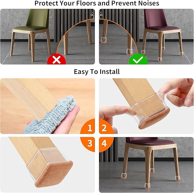 Ezprotekt 24 Pcs Clear Square Chair Leg Floor Protectors with Felt, Silicone Felt Furniture Pads for Hardwood Floor, Dining Table Leg Caps Covers No Scratches and Noise (L Fit: 1" - 1.4") - Image 7