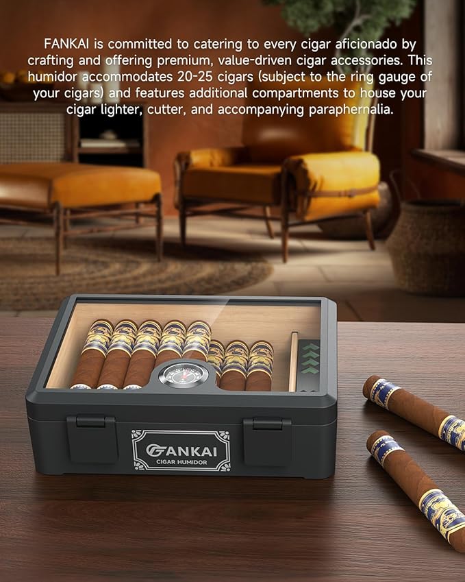 Cigar Humidor, Full Glass Top Cigar Box with Humidifier and Hygrometer, Drop-proof Crushproof Cigar Case, Cedar Wood Lining Storage Box with Divider for 20-25 Cigars (Black) - Image 8