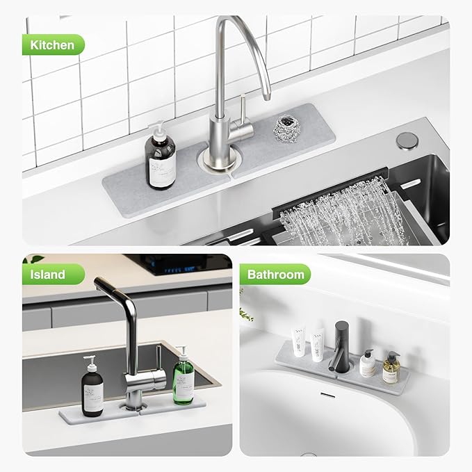 15.8" x 4" Stone Faucet Mat for Kitchen Sink, Quick Drying Diatomite Sink Tray, Faucet Sink Splash Guard for Prevents Moisture Buildup (Light Gray) - Image 8