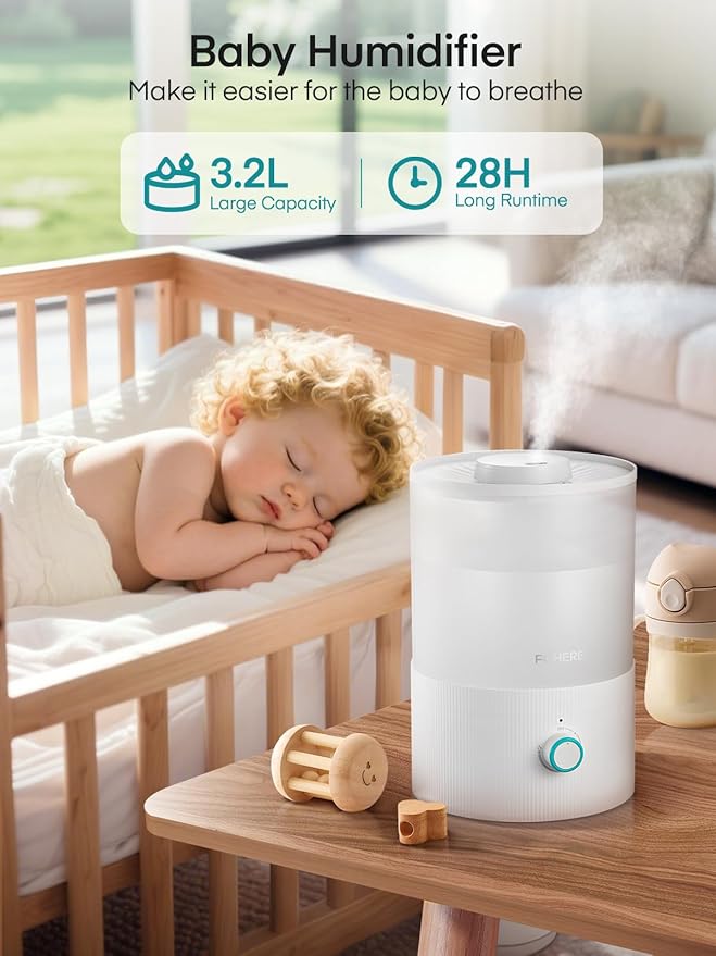 FOHERE Humidifiers for Bedroom, 3.2L Top Fill Cool Mist Ultrasonic Humidifier for Baby Rooms and Plants, 2-in-1 Essential Oil Diffuser with 7-Color Light and Auto Shut-Off, BPA-Free, Quiet, White - Image 2