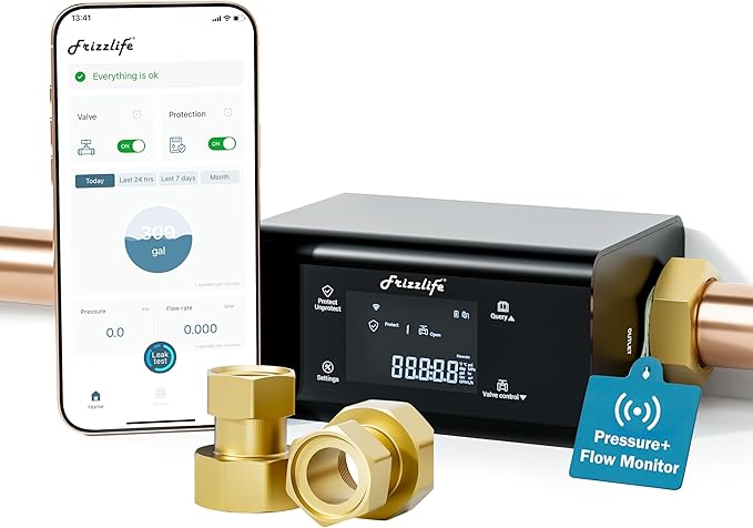 Frizzlife LP365-P 1.25-Inch Smart Water Monitor and Automatic Shutoff - 0.01GPM Ultrasonic Micro Leak Detection, APP Wi-Fi Remote Control,Pressure+Flow Monitoring, for 1-1/4-Inch Diameter Pipe by FRIZZLIFE