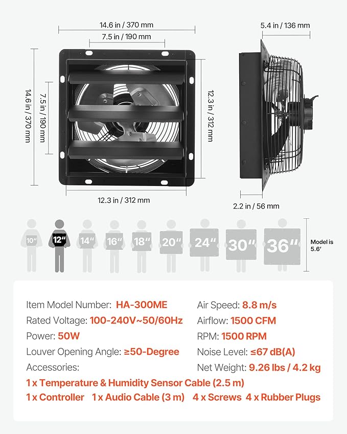 VEVOR 12 inch Exhaust Fan, Wall Mounted Attic Fan with Variable Speed, Temperature & Humidity Controller, 1500 CFM, Automatic Shutter - Image 7