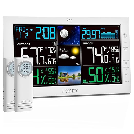 Weather Station Wireless Indoor Outdoor, Indoor Outdoor Thermometer Wireless, Home Atomic Clock Weather Stations, Temperature Humidity Barometer Inside Outside Thermometers, White with 2 Sensors by FOKEYDIRECT