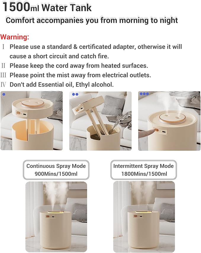 Portable Small Humidifier, 1500ml Small Humidifiers for Bedroom Baby, 1800mAh USB Personal Desktop Portable Humidifiers for Travel,Office, Car, Home, Auto Shut-Off, 3 Mist Modes, Super Quiet - Image 4