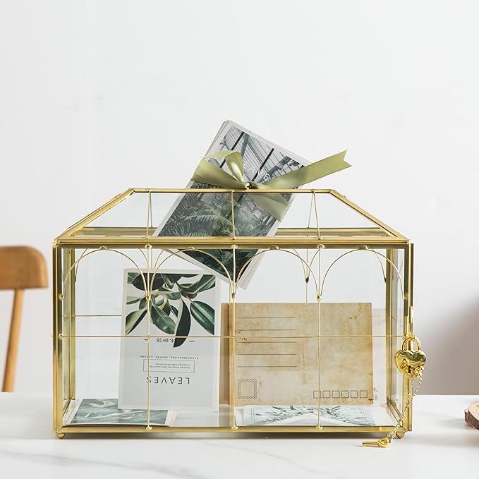 Glass Wedding Card Box with Slot, 12.5'' Large Clear Card Box Gold Brass Gift Card Storage Box with Lock Perfect for Wedding Receptions, Baby Shower, Birthday Party, Bridal Shower - Image 2
