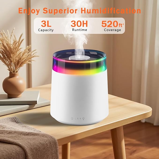 Humidifiers for Bedroom Home,3L Top Fill Cool Mist Humidifier for Baby Nursery,Essential Oil Diffuser for Large Room,3 in 1 uiet Ultrasonic Humidifier for,Office,Plant,Nursery,BPA FREE (White) - Image 4