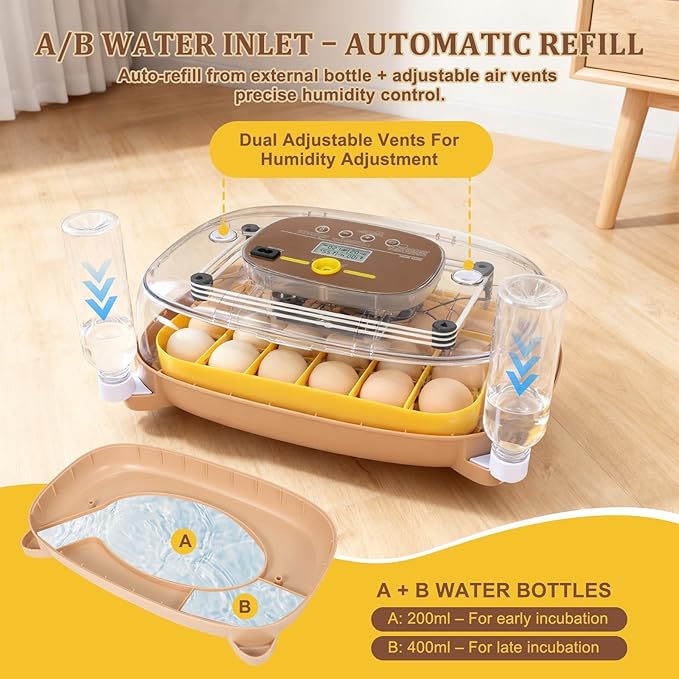 Smart 24-Egg Incubator for Hobbyists, Full-Stage Adaptive Humidity (Dual-Bottle) & Temp Control, Custom-Interval Auto Turn & Auto Stop, Preset Incubation Days, Adjustable Egg Spacing - Image 4