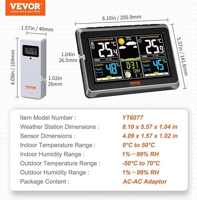 VEVOR Weather Station Indoor Outdoor, 7.5 in Color Display, Wireless Digital Home Weather Station, with Sensor Atomic Clock Adjustable Backlight Forecast Data Calendar Alarm Alert Temperature-NO WiFi - Image 7