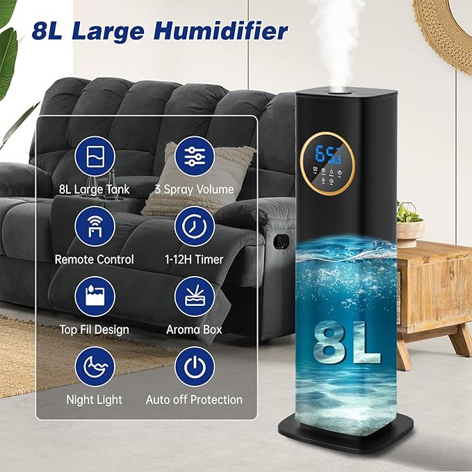 Humidifiers for Bedroom, 2.1Gal/8L Humidifier large room with Essential Oil Diffuser, Top Fill Whole House Cool Mist Humidifiers for Plants Baby Kids Adults(Black) - Image 3