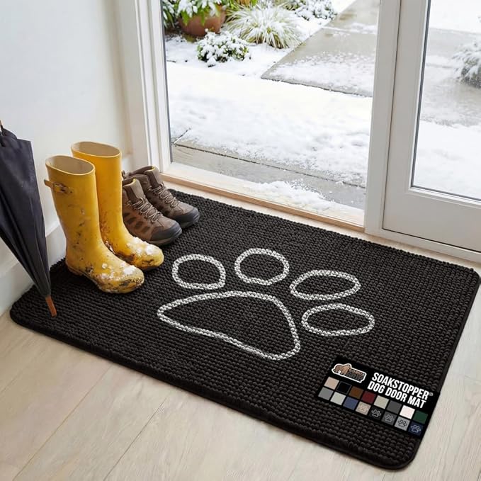 GORILLA GRIP SOAKSTOPPER Dog Door Mat, 48x30 Machine Washable Rug Absorbent Doormat Captures Moisture Mud Dirt, Quick Dry Soft Chenille Entryway Rugs Indoor Entrance Mats for Dog Paws, Black White by GorillaGrip
