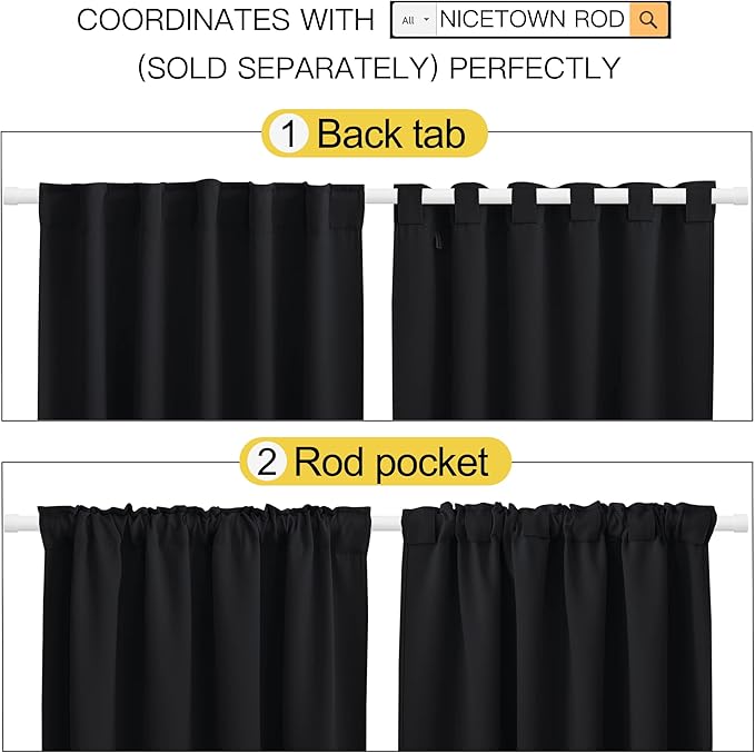 NICETOWN Blackout Living Room Curtains 80 inches Long, Black Out Curtain Panels for Bedroom - (Black Color) W52 x L80, 1 Pair, Thermal Insulated Blackout Draperies Window Treatment - Image 3