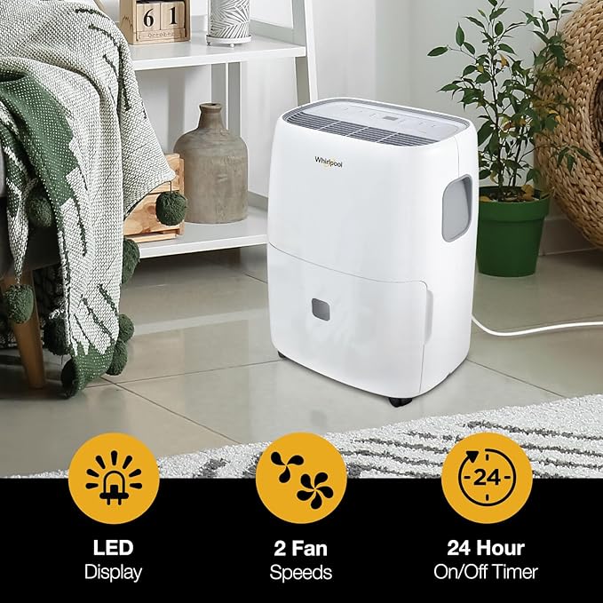 Whirlpool 50-Pint Portable Dehumidifier for Basement, Garage, and Living Room, 115V, Dehumidifier for Rooms up to 4500 Sq. Ft. with Energy Star Certification, Auto-Shutoff, and Timer in White - Image 6