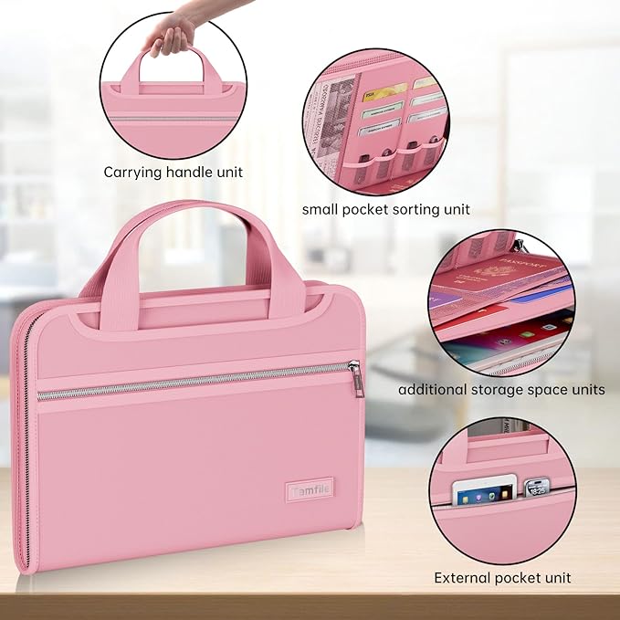 Tamfile Fireproof Accordion File Organizer with Handle, 13 Pocket Colorful Expanding File Folder with Zipper & Labels, File Folder with Multi-Pockets Paper Organizer Folder for Letter A4 Files (Pink) - Image 4