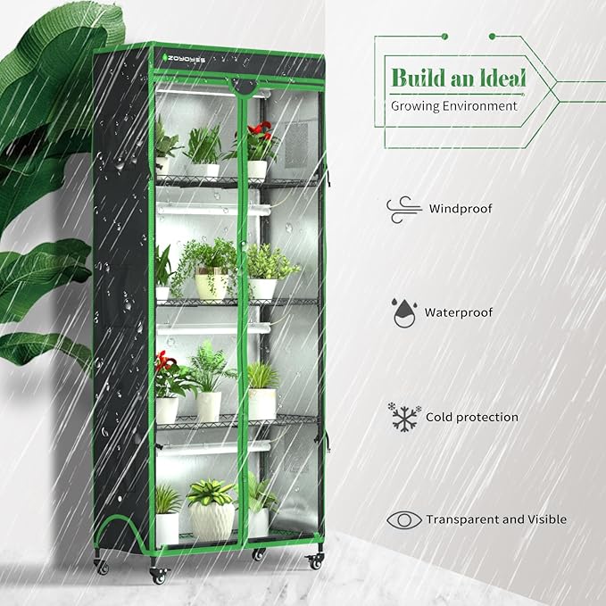 Indoor Greenhouse with Grow Light, 35.8" W x 17.8" D x 71.8" H, 5-Tier Plant Shelf with 3-Color T8 Growth Lights, Plant Stand with Smart Timing Plug and thermohygrometer - Image 2