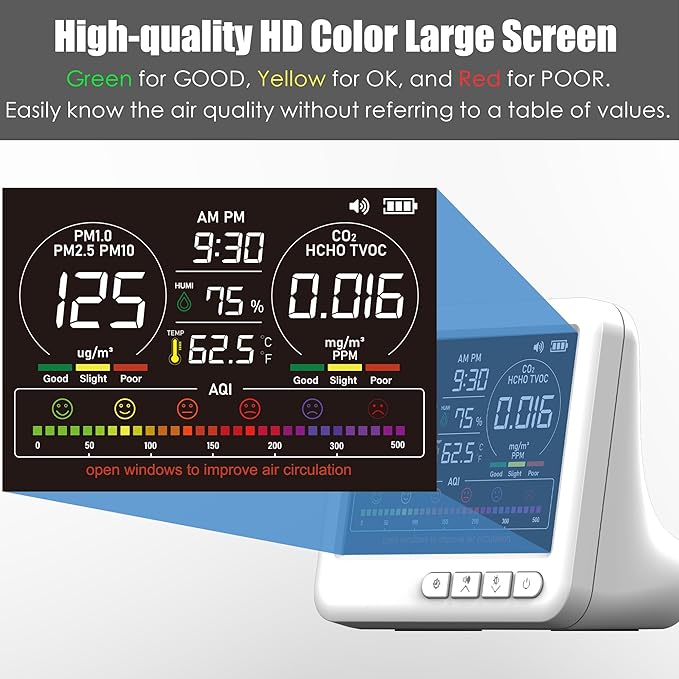 Professional Indoor Air Quality Monitor with 7X AQI Alarms,16 in 1 Portable Real-Time Detector for PM2.5 | PM10 | CO2 | TVOC | HCHO | Temp | Hum for Home Cars Plants Pets - Image 4