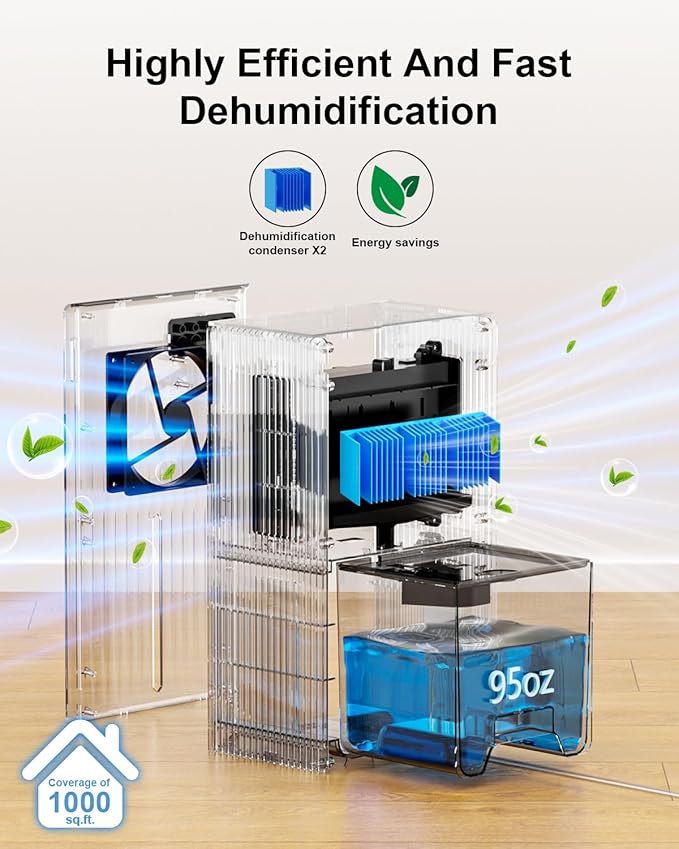 Dehumidifier for Home, 95 OZ Water Tank, (1000 sq.ft) Dehumidifiers for Bathroom Bedroom Basement RV with Drain Hose, Auto Shut Off White - Image 2