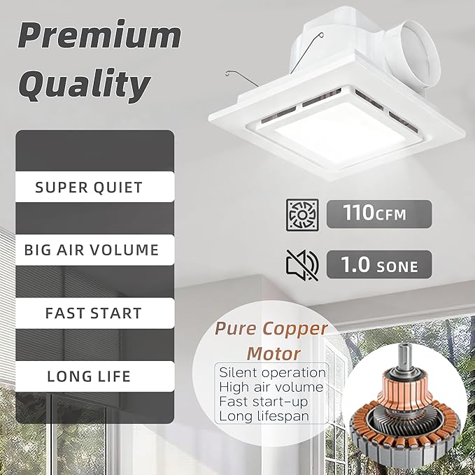 9.4" Quiet Bathroom Exhaust Fan with Led Lights, 110 CFM Whisper 1.0 sone, Ceiling 8"x8" Opening Square Panel Vent, Extractor for Ventilation, Garage, Basement, - Image 5