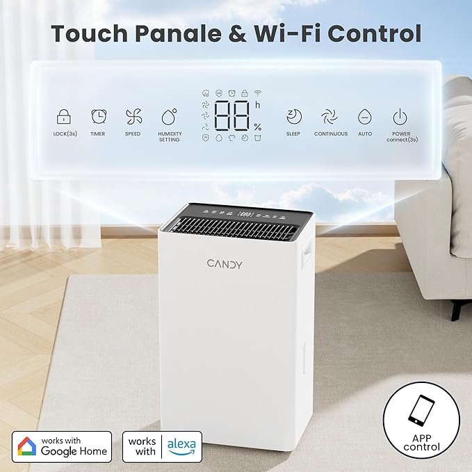 Candy 4500 Sq.Ft Dehumidifier for Basement,80 Pints Dehumidifiers for Home,Continuous/Sleep/Auto Mode,1.35 Gal Water Tank with Drain Hose,Portable & Wifi for Large Room,Bedroom,Bathroom,Garage,Laundry - Image 4