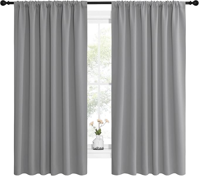 NICETOWN Short Curtains for Wide Window - Thermal Insulated Rod Pocket Blackout Drapes/Draperies for Dining Room (2 Panels, W62 x L63 inches, Silver Grey) - Image 2