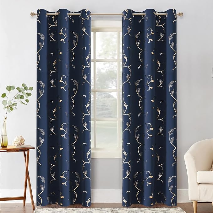 BUHUA Blackout Curtains Gold Foil Print Flower Vine Grommet Drapes, Room Darkening Thermal Insulated Curtains, Noise Reducing Blackout Curtain for Bedroom, Navy Blue, 38Wx84L, 2 Panels - Image 2