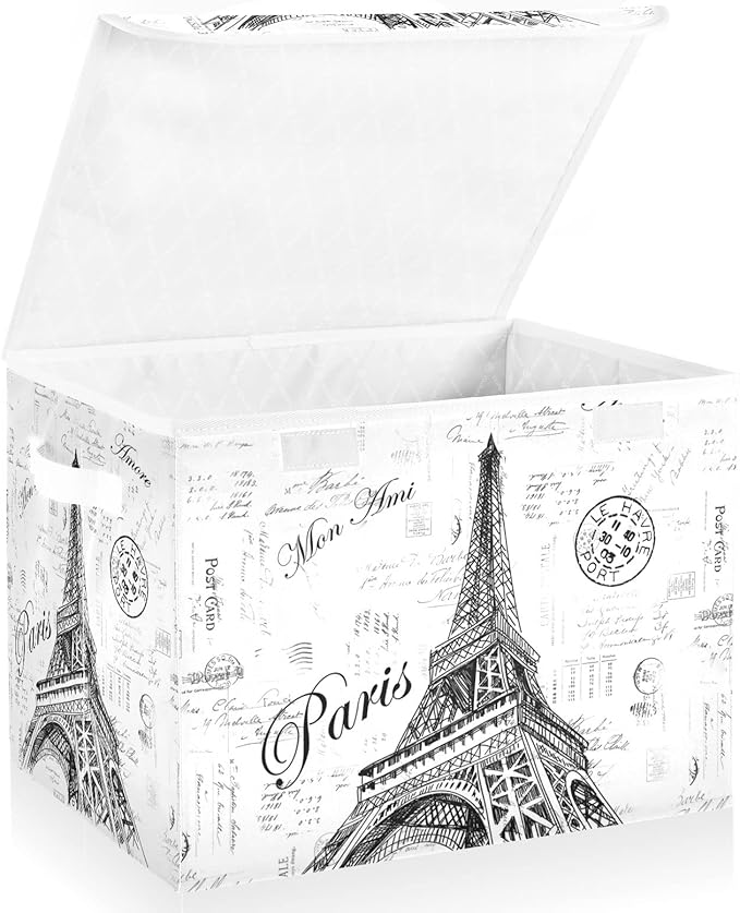 Kigai Paris Eiffel Tower Lidded Home Storage Bins, Foldable Storage Basket with Double Handle, Flip-Top Storage Box for Clothes Documents - Image 2
