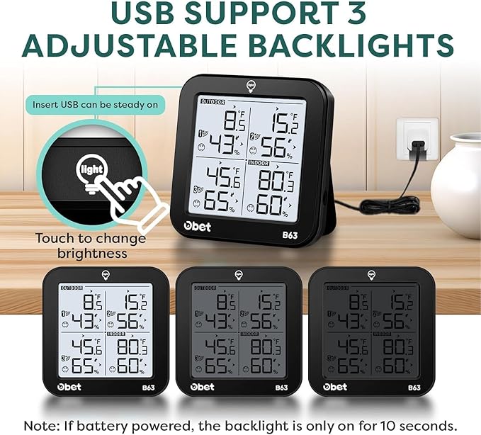 OBET Indoor Outdoor Thermometer Wireless Weather Station with 3 Sensors, Digital Hygrometer Remote Thermometer, Thermometer Temperature Humidity Monitor with Adjustable Backlight, USB Port (500 Feet) - Image 2